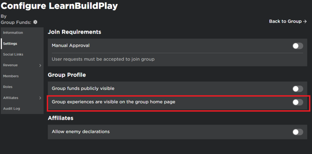 Configure Group to Show Games