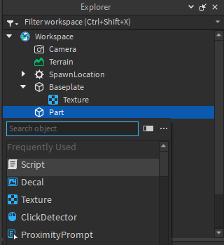 Select or Type Script in Roblox Studio Explorer