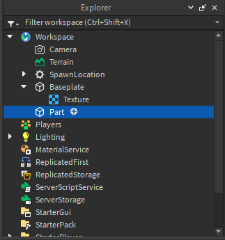 Select the plus (+) on the right of Part in Roblox Studio Explorer