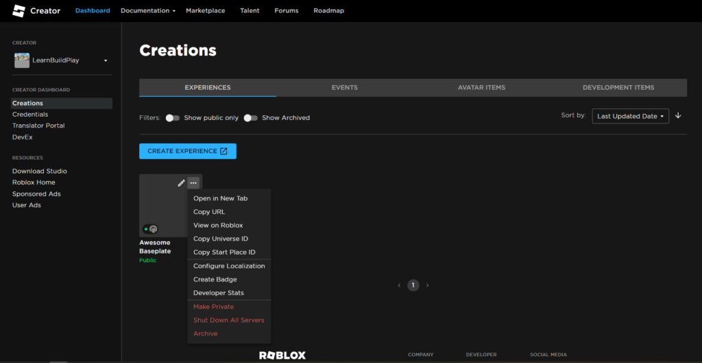 Newly Publish Roblox Game Creators Dashboard