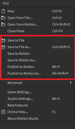 Roblox Studio File Menu Highlighting Save Options